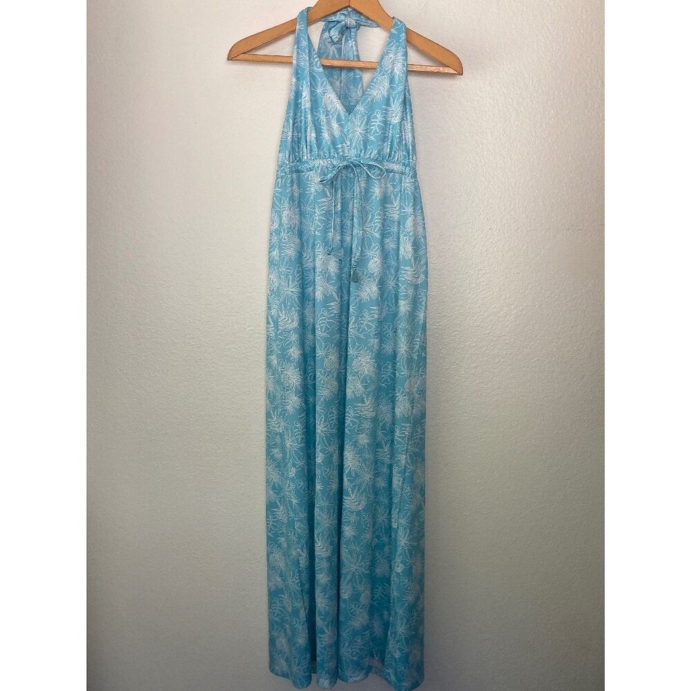 Reyn Spooner Hawaiian Tropical Halter Maxi Dress Small Blue Brrr Vacation Resort